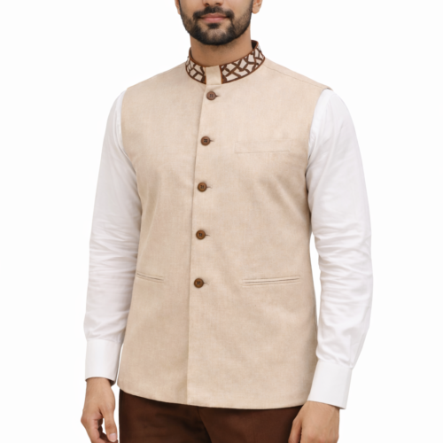 Cream Nehru Jacket with Brown Trousers