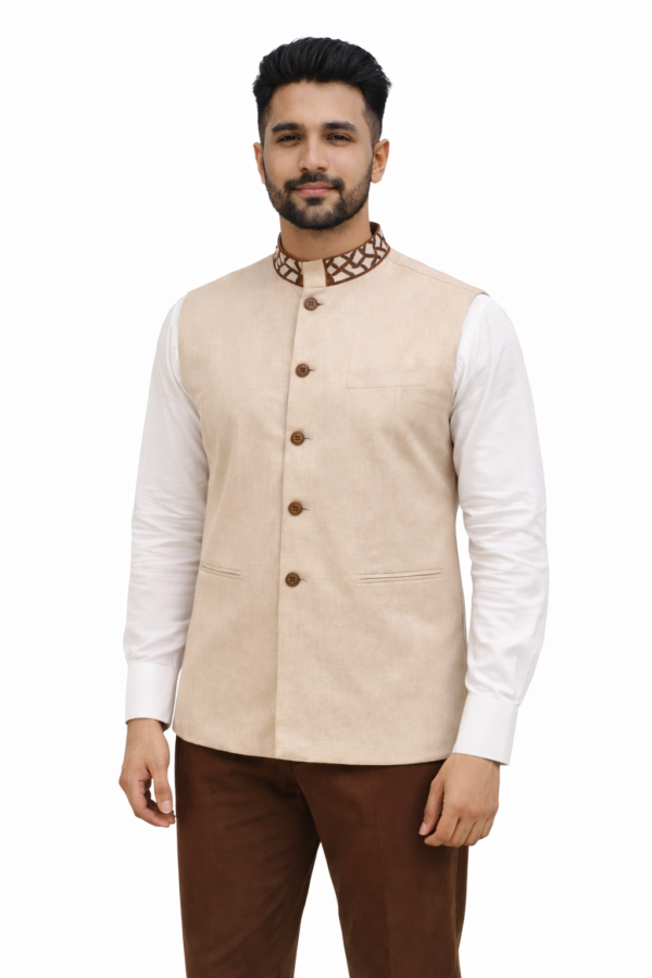 Cream Nehru Jacket with Brown Trousers