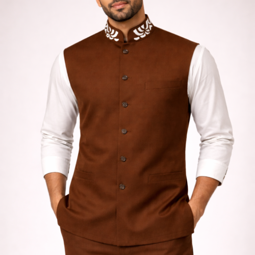 Coffee Brown Managerial Waist with White Embroidered Collar and Matching Trousers