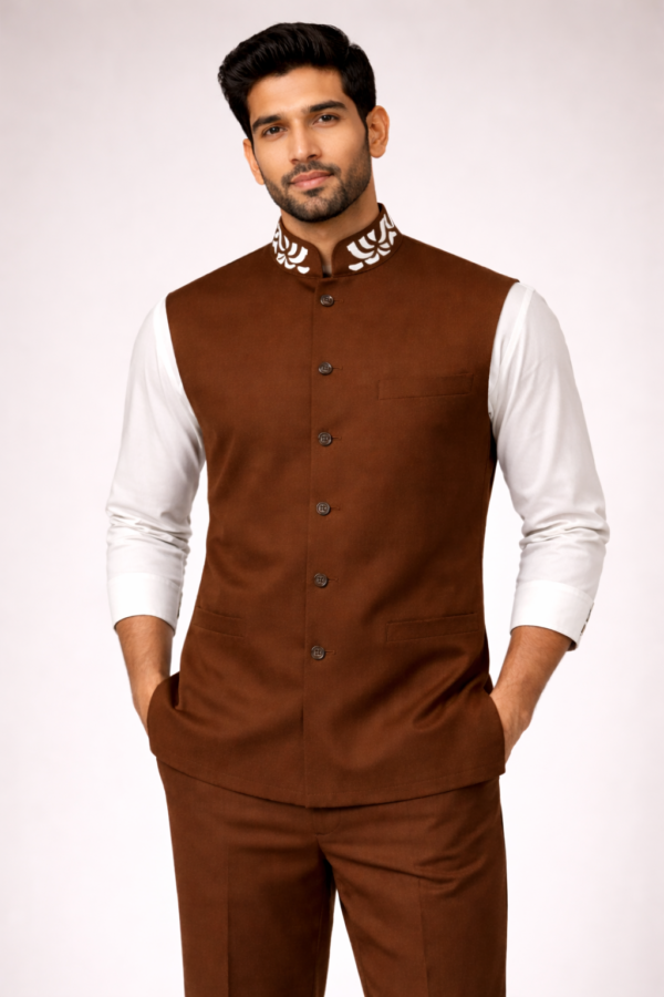 Coffee Brown Managerial Waist with White Embroidered Collar and Matching Trousers