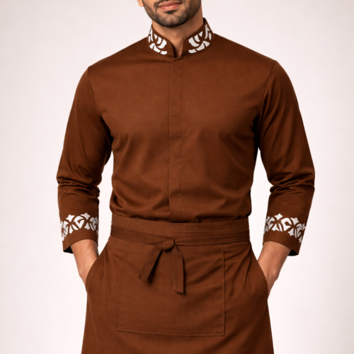 Coffee Brown Hospitality Tunic with White Embroidered Accents and Matching Waist Apron