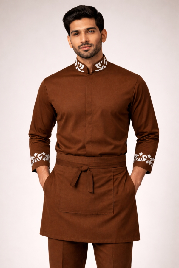 Coffee Brown Hospitality Tunic with White Embroidered Accents and Matching Waist Apron