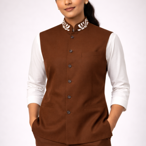 Coffee Brown Nehru Waist with Embroidered Collar and Brown Trousers