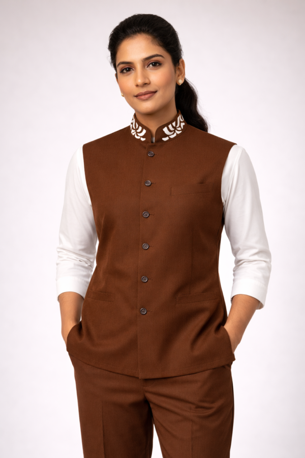 Coffee Brown Nehru Waist with Embroidered Collar and Brown Trousers