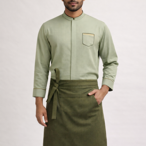 Pale Green Mandarin Collar Shirt with Dark Green Waist Apron
