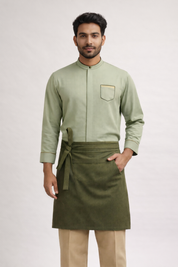 Pale Green Mandarin Collar Shirt with Dark Green Waist Apron