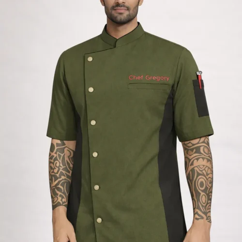 IMG_0447 Olive green chef coat with black side panels, asymmetrical front, and short sleeves