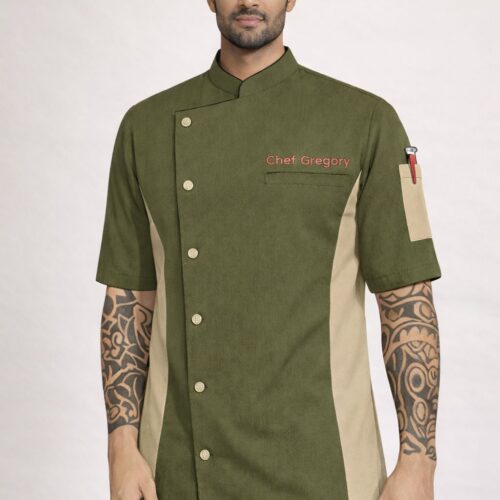 IMG_0536.JPG Olive green chef coat with beige side panels, asymmetrical button front, and short sleeves