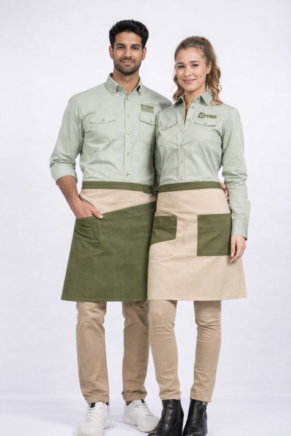 Light Sage Work Shirts with Two-Tone Green and Beige Aprons