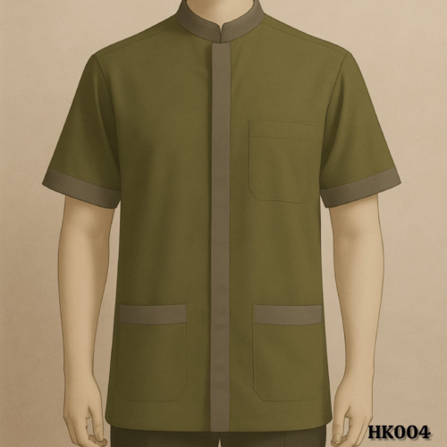 Olive Green Mandarin Collar Shirt with Grey Accents