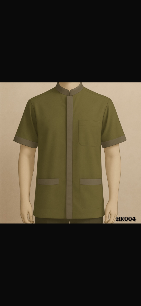 Olive Green Mandarin Collar Shirt with Grey Accents