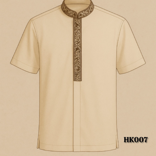 Beige Mandarin Collar Shirt with Dark Floral Embroidery