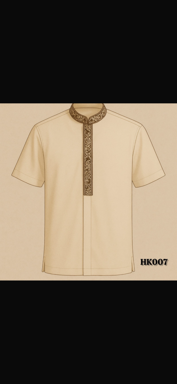 Beige Mandarin Collar Shirt with Dark Floral Embroidery
