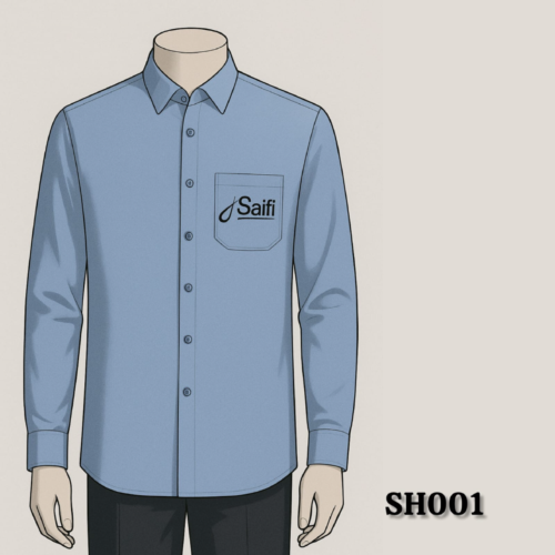 Sky Blue Button-Down Work Shirt with "Saifi" Pocket Logo