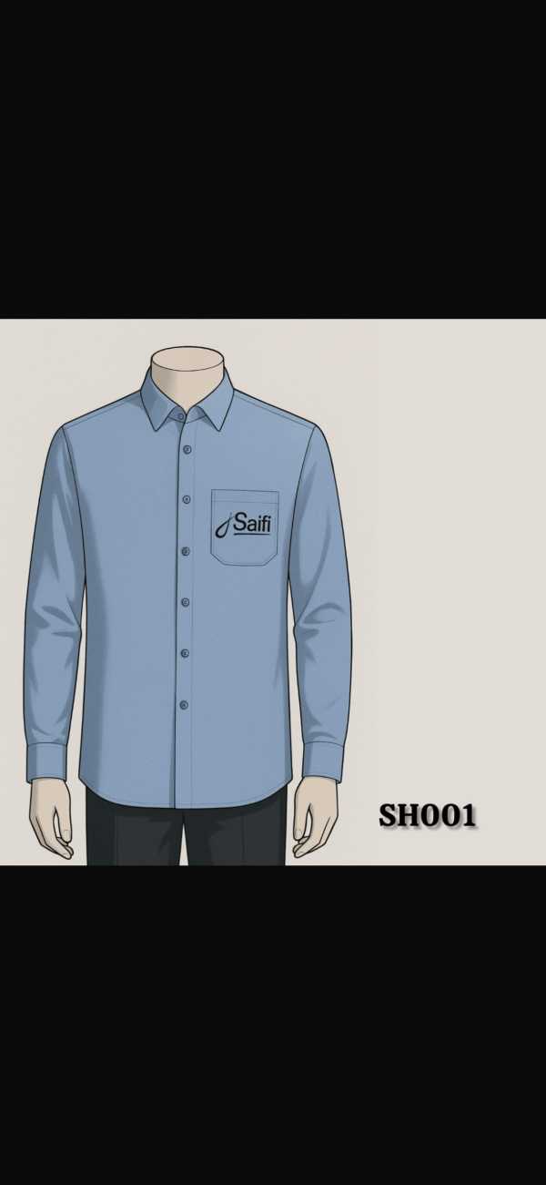 Sky Blue Button-Down Work Shirt with "Saifi" Pocket Logo