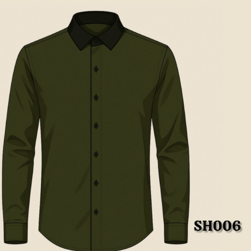 Olive Green Button-Down Shirt with Contrast Black Collar