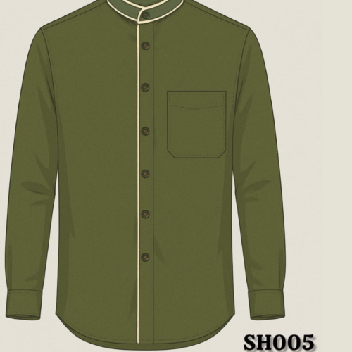 Olive Green Mandarin Collar Shirt with White Piping