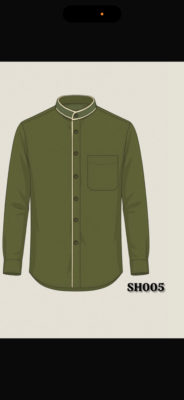 Olive Green Mandarin Collar Shirt with White Piping