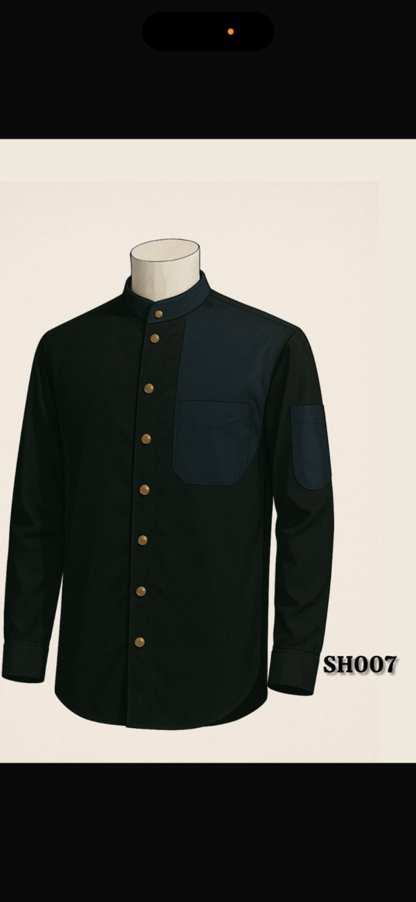 Black Service Shirt with Navy Shoulder Panel, Gold Buttons