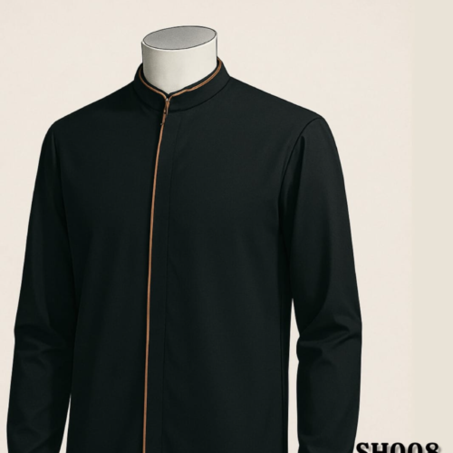 Black Mandarin Collar Shirt with Copper Piping