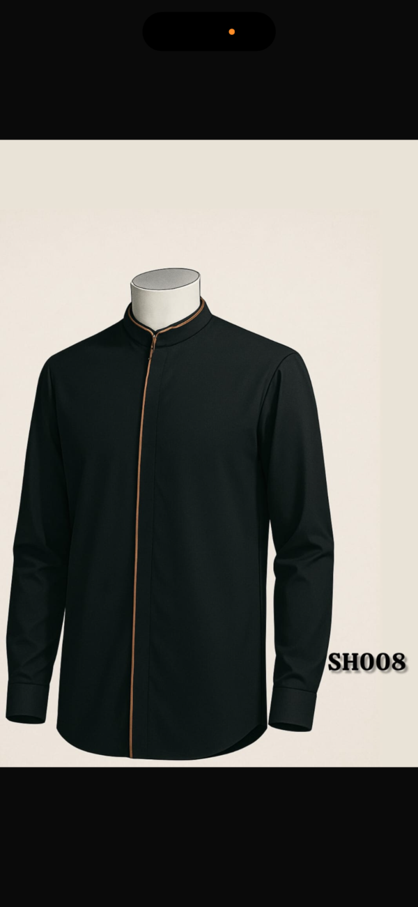 Black Mandarin Collar Shirt with Copper Piping