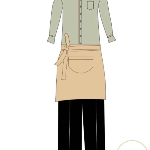 Pale Mint Contrast Striped Shirt with Beige Apron and Black Pants