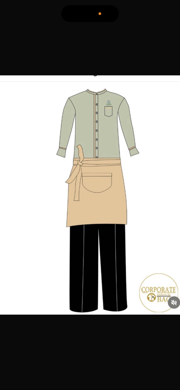 Pale Mint Contrast Striped Shirt with Beige Apron and Black Pants