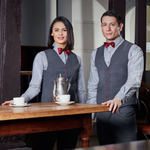 Charcoal Grey Service Waist with Red Buttons and Matching Red Bow Ties