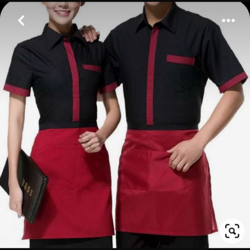 Black Short Sleeve Shirts with Maroon Vertical Stripes and Matching Aprons