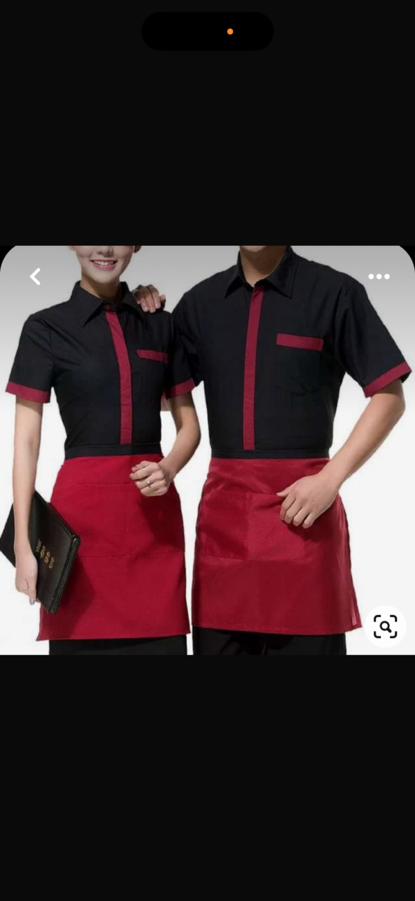 Black Short Sleeve Shirts with Maroon Vertical Stripes and Matching Aprons