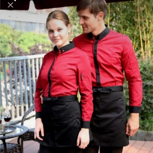 Red Uniform Duo with Black Contrast Panels and Matching Waist Aprons