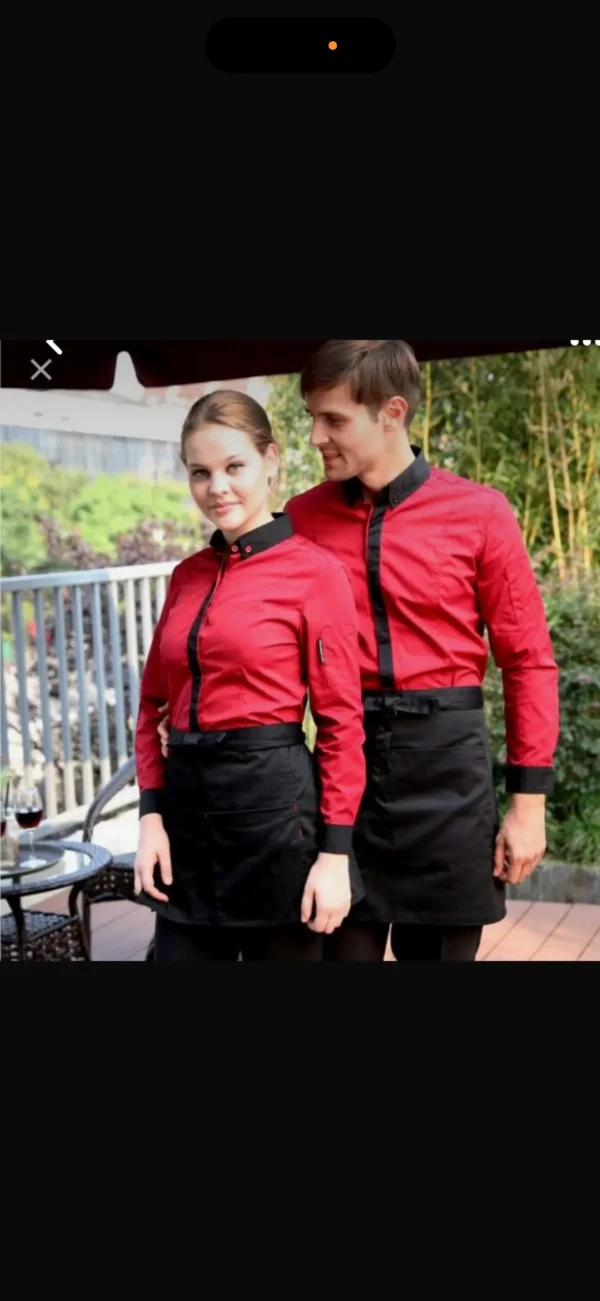 Red Uniform Duo with Black Contrast Panels and Matching Waist Aprons