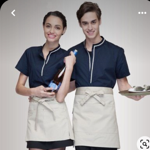 Navy Blue Tunic with White Piping and Beige Waist Aprons