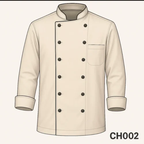 IMG_1713 Cream chef coat with double-breasted buttons, mandarin collar, and folded cuffs