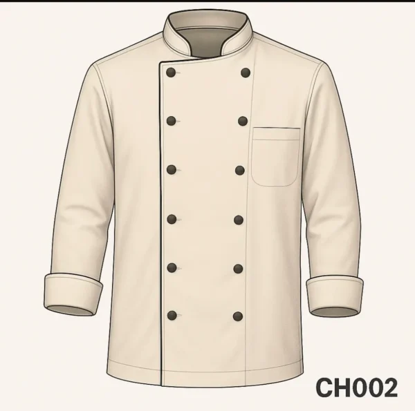 Cream chef coat with double-breasted buttons, mandarin collar, and folded cuffs