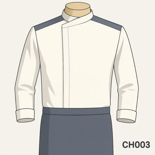 White chef uniform with crossover collar, grey shoulder panels, and apron-style bottom