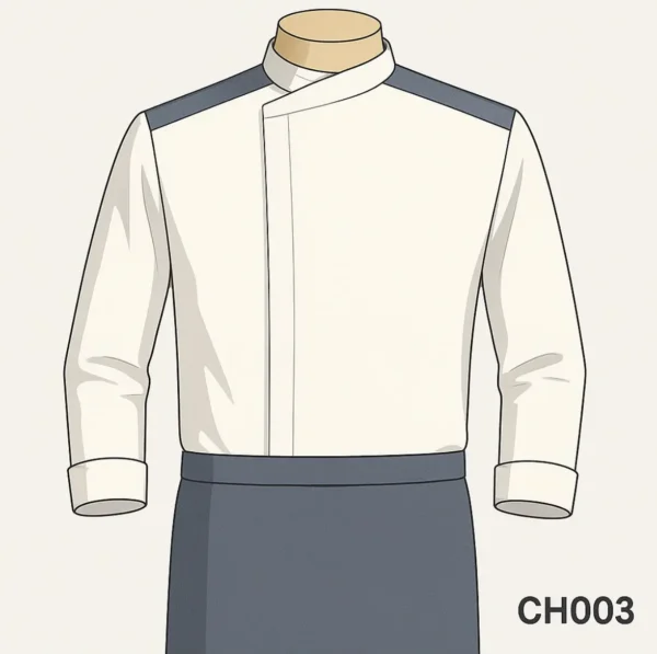 White chef uniform with crossover collar, grey shoulder panels, and apron-style bottom