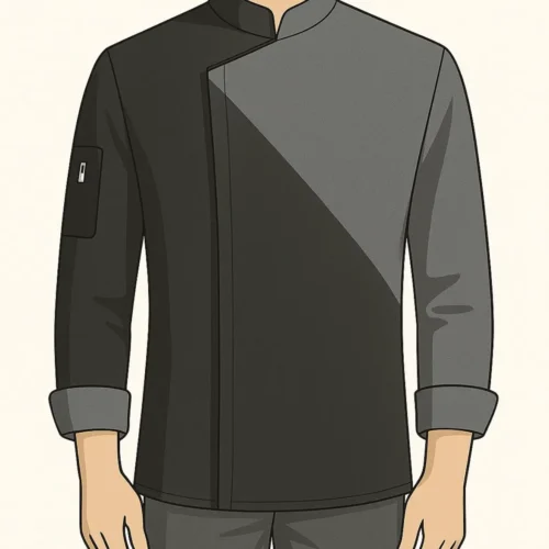 IMG_1715 Black and grey chef coat with asymmetrical panel design, mandarin collar, and folded cuffs