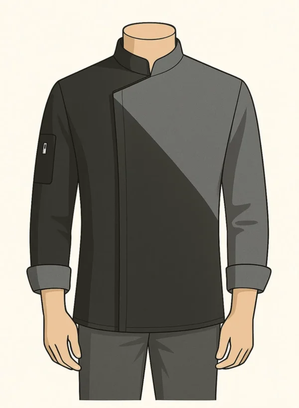 Black and grey chef coat with asymmetrical panel design, mandarin collar, and folded cuffs