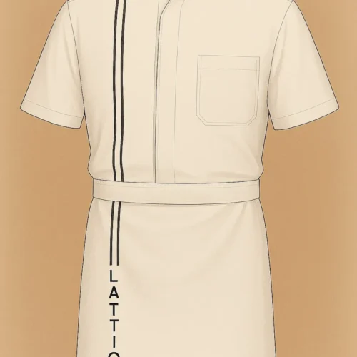 IMG_1716 Beige chef tunic with mandarin collar, vertical stripe detailing, and waist apron design