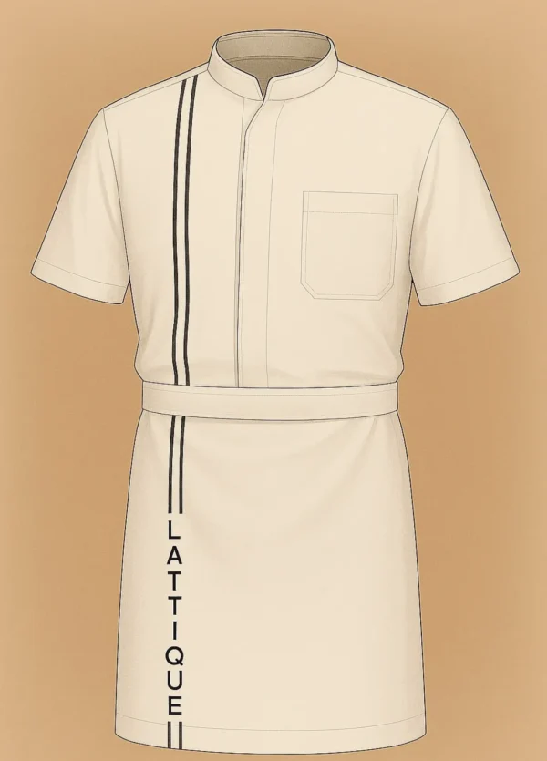 Beige chef tunic with mandarin collar, vertical stripe detailing, and waist apron design