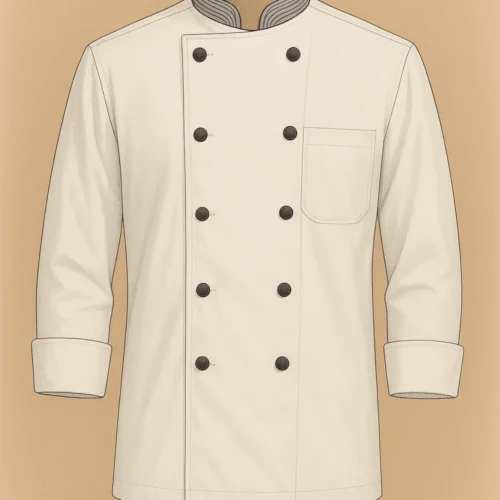 White chef coat with double-breasted buttons, striped mandarin collar, and folded cuffs