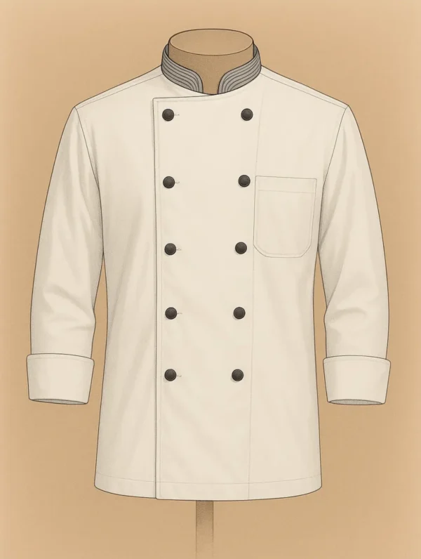 White chef coat with double-breasted buttons, striped mandarin collar, and folded cuffs