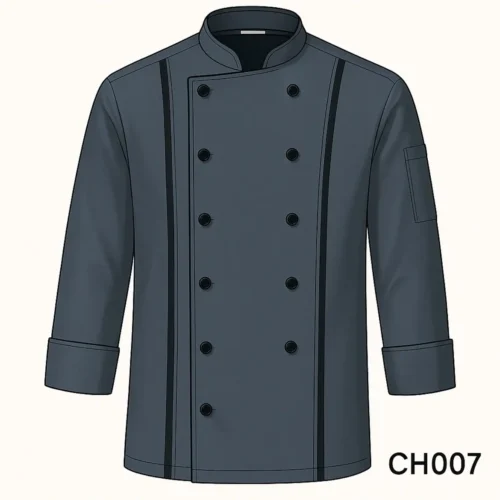 IMG_1718 Charcoal grey chef coat with double-breasted buttons, mandarin collar, and contrast panel detailing