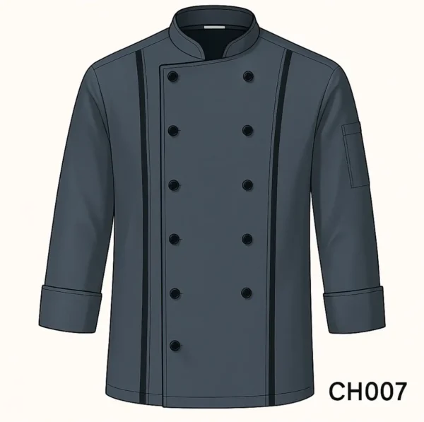 Charcoal grey chef coat with double-breasted buttons, mandarin collar, and contrast panel detailing