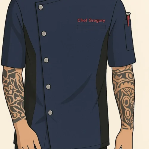IMG_1719 Navy blue chef coat with black side panels, asymmetrical button front, and short sleeves