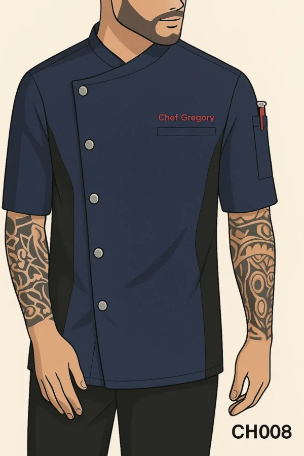 Navy blue chef coat with black side panels, asymmetrical button front, and short sleeves