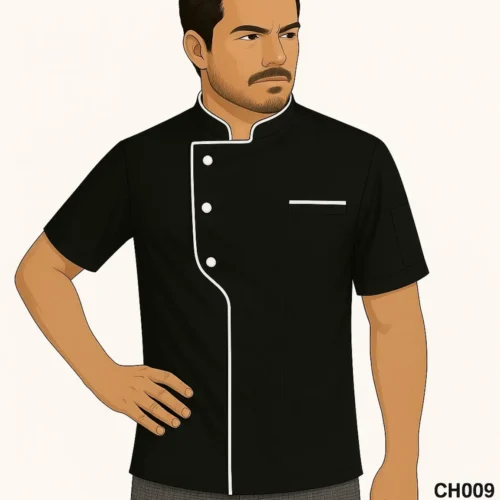 IMG_1720 Black chef coat with white piping, asymmetrical front, and short sleeves
