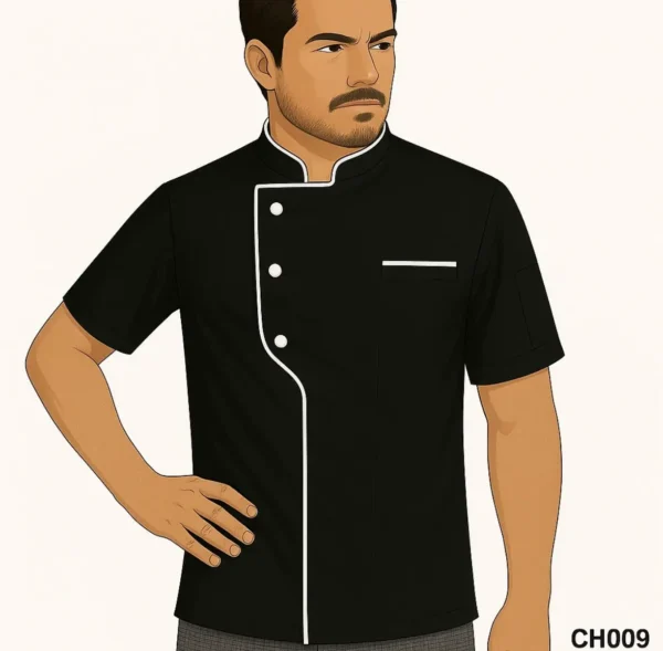 Black chef coat with white piping, asymmetrical front, and short sleeves