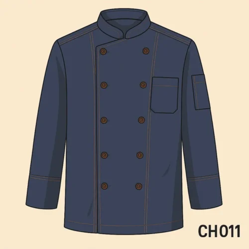 IMG_1721 Navy blue chef coat with double-breasted buttons, mandarin collar, and full sleeves